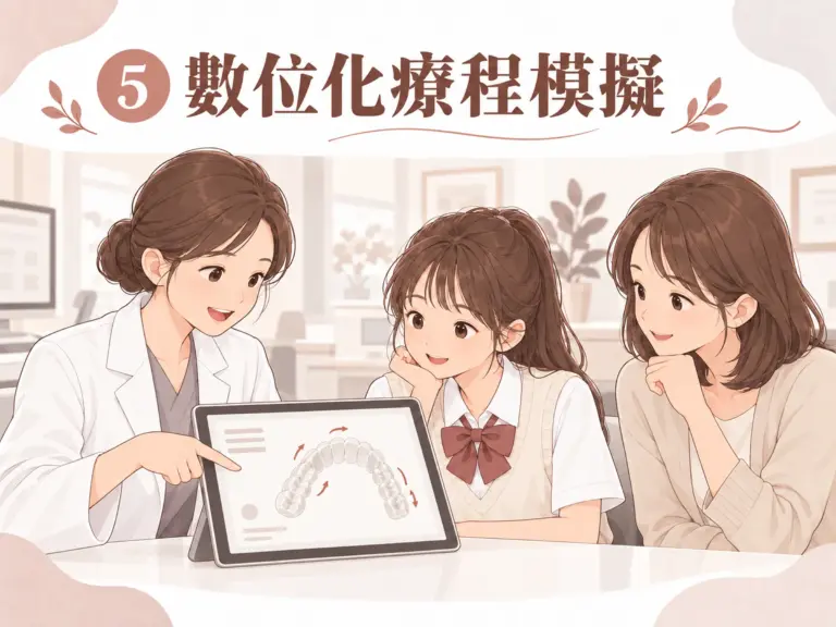 青少年隱適美衛教插圖：醫師、女孩與家長一起看螢幕上的牙弓模型及移動箭頭
