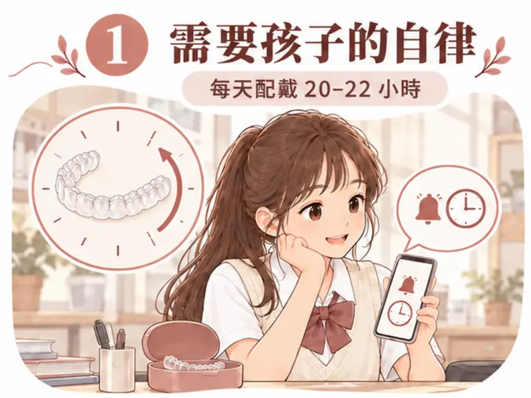 青少年隱適美注意事項插圖：女孩查看手機的鈴鐺與時鐘提醒，桌上有打開的玫瑰色牙套盒
