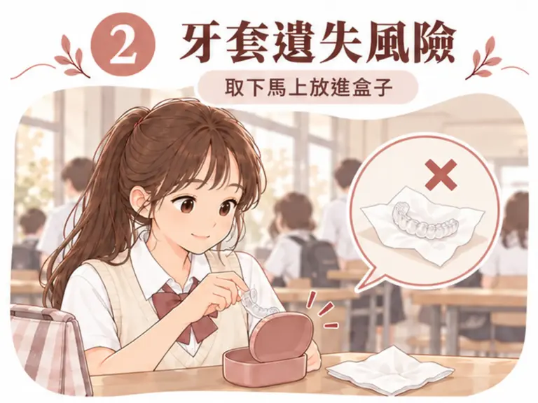 青少年隱適美注意事項插圖：女孩把透明牙套放進牙套盒，打叉的衛生紙圖示提醒不要用衛生紙包牙套