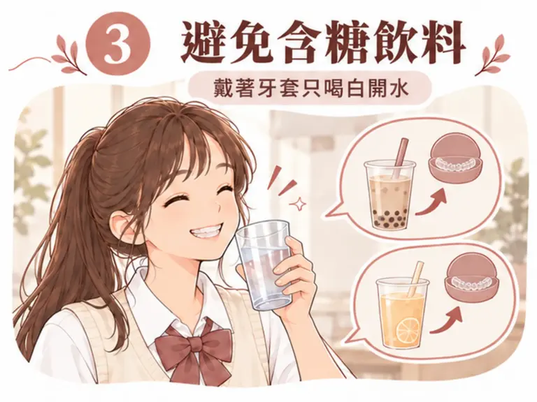 青少年隱適美注意事項插圖：女孩拿著白開水，手搖飲與果汁旁以牙套盒和箭頭示意先取下牙套再喝
