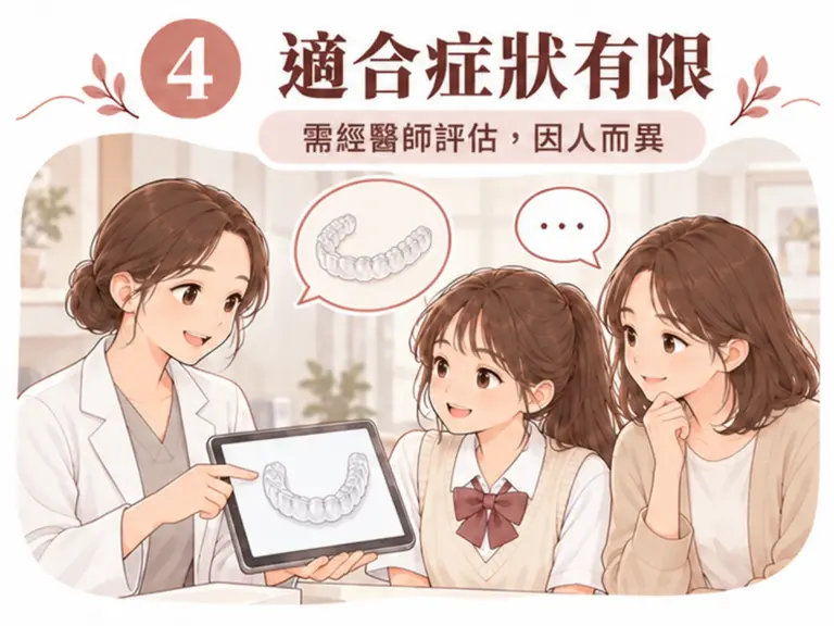 青少年隱適美注意事項插圖：醫師、女孩與家長一起看平板，旁邊有透明牙套與對話泡泡圖示