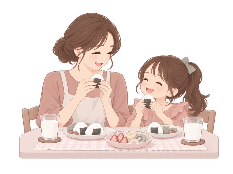 家長和孩子一起吃早餐的插畫